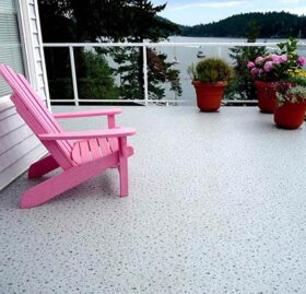 Duradek Supreme Chip Granite Vinyl Decking and Glass Railing with White Posts